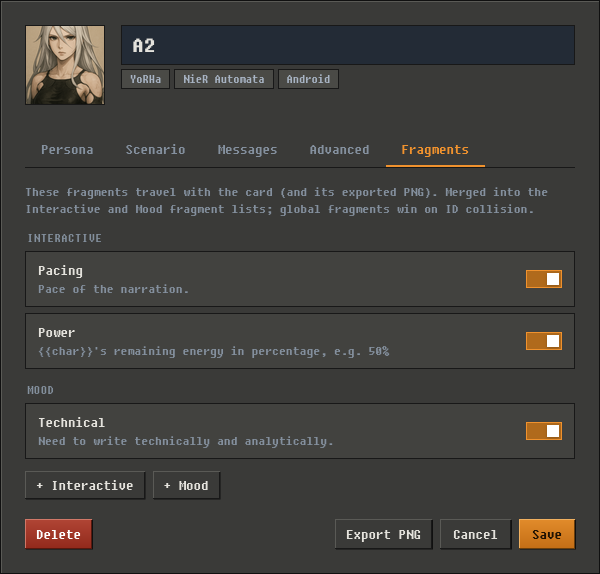 The Fragments tab in the character edit modal