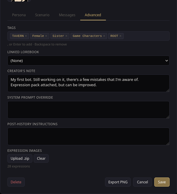 Screenshot placeholder: Expression Images upload in the character edit modal