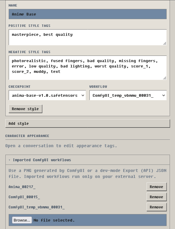 The Image Generation settings modal, showing a style's fields, Character appearance, and Imported ComfyUI workflows